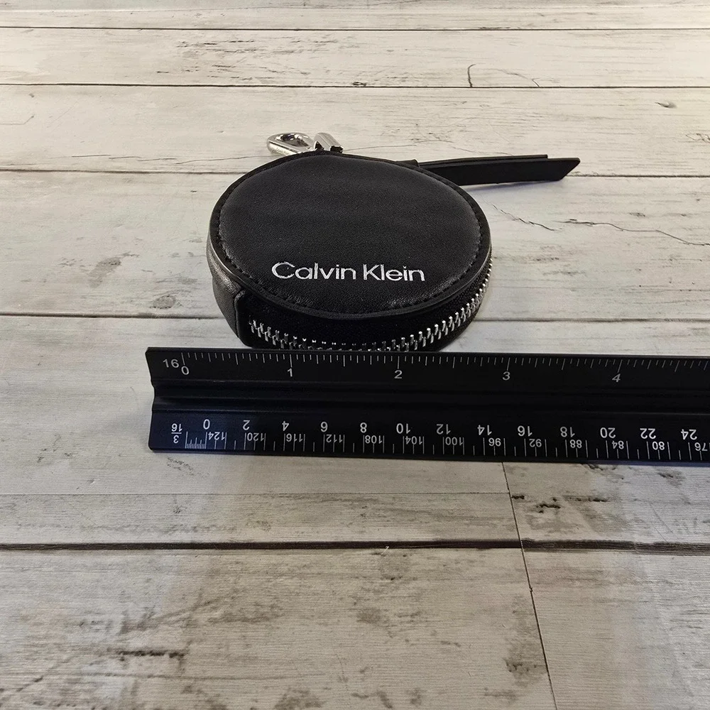 Calvin Klein Black Faux Leather Circular Coin Pouch Clip On Bag Charm Key Ring